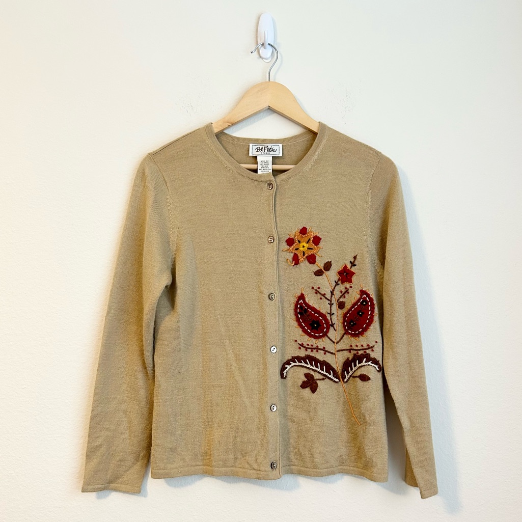Vintage Bob Mackie Studio Wool Blend Embroidered Autumn Cardigan Sweater Size S